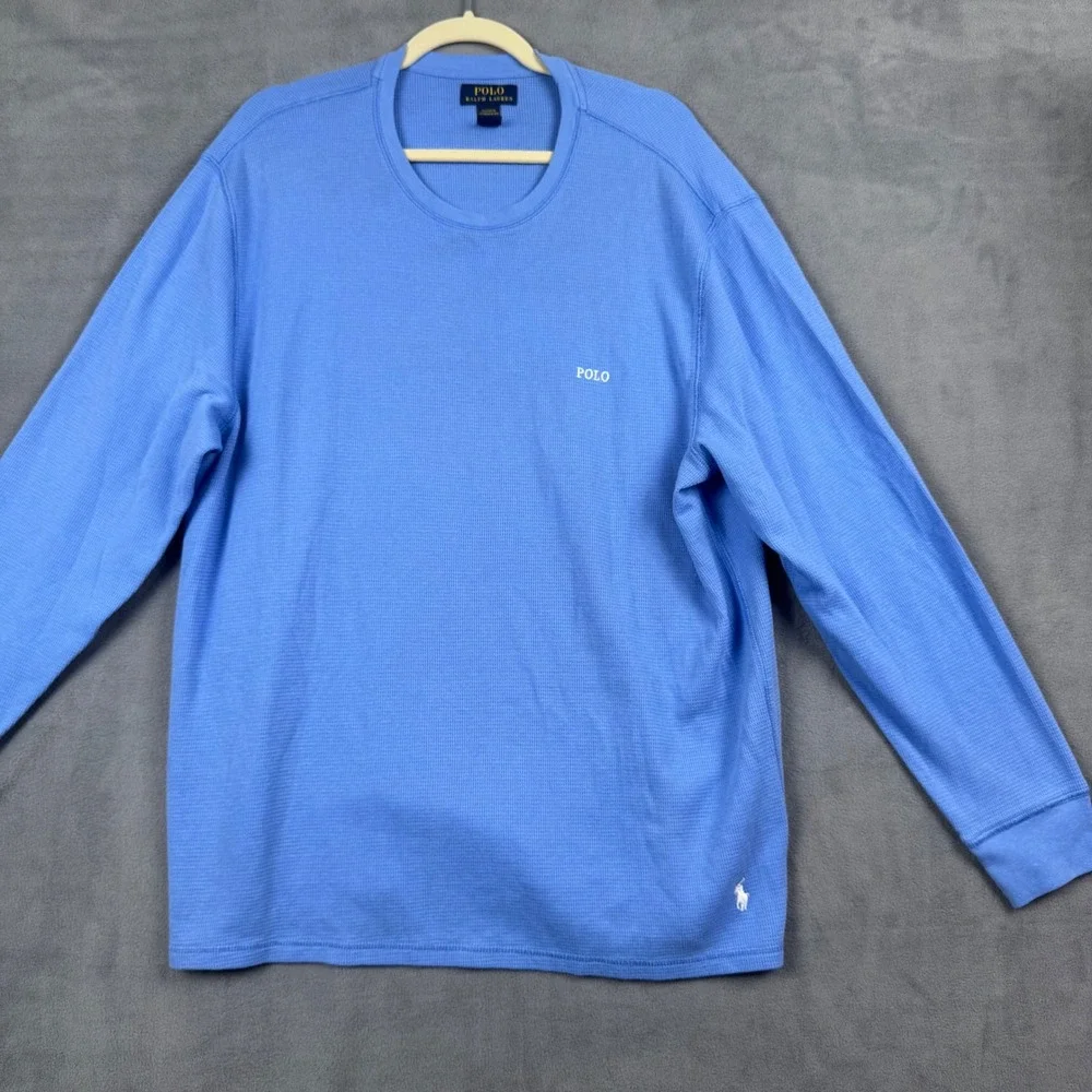 Polo Ralph Lauren Mens 2XL Blue Waffle Knit Sleep Long Sleeve Shirt Pony Logo